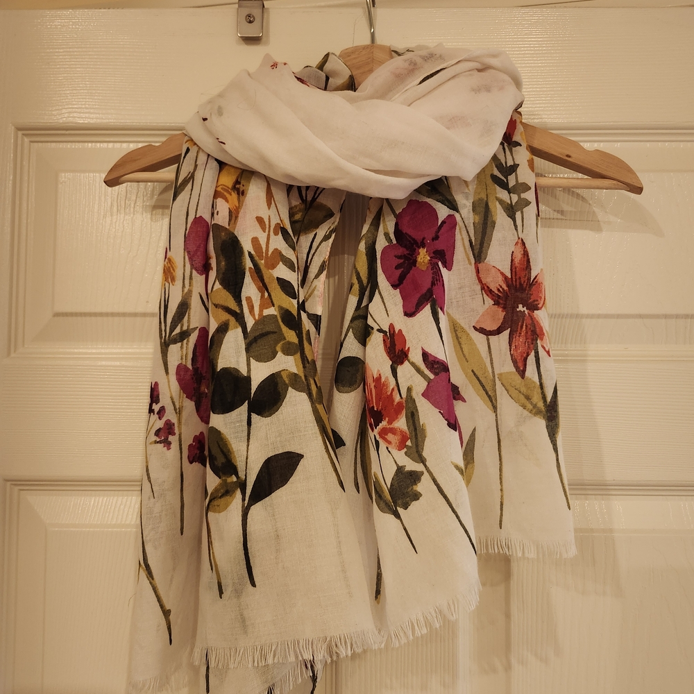 Print Scarf - White with Green & Pink Florals